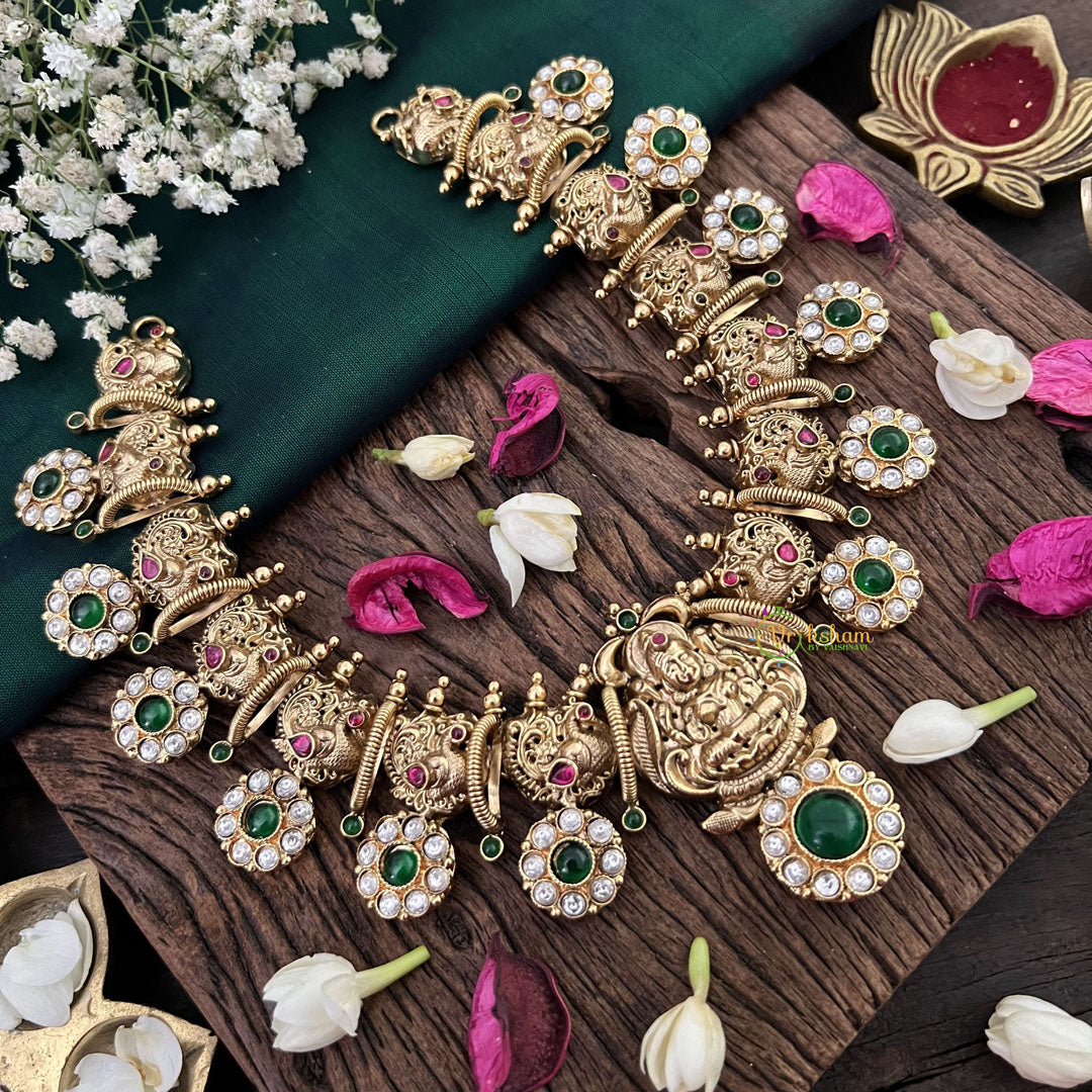 Vriksham Lakshmi Antique Temple Short Bridal Choker 1 gm Gold-Green Red-G18756