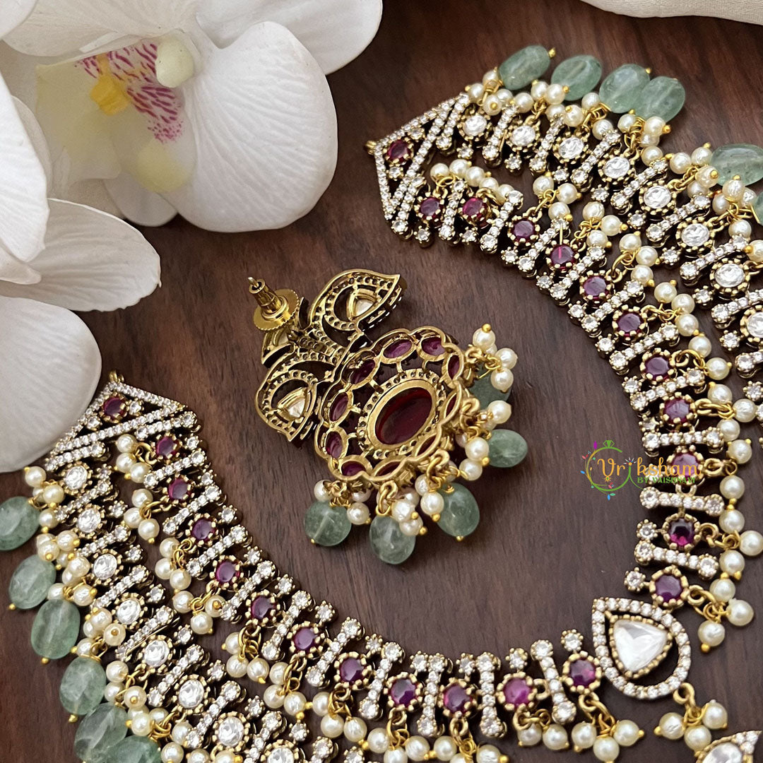 Vriksham Double Layer Victorian Diamond Short Neckpiece-Pastel Green Bead-VV1971