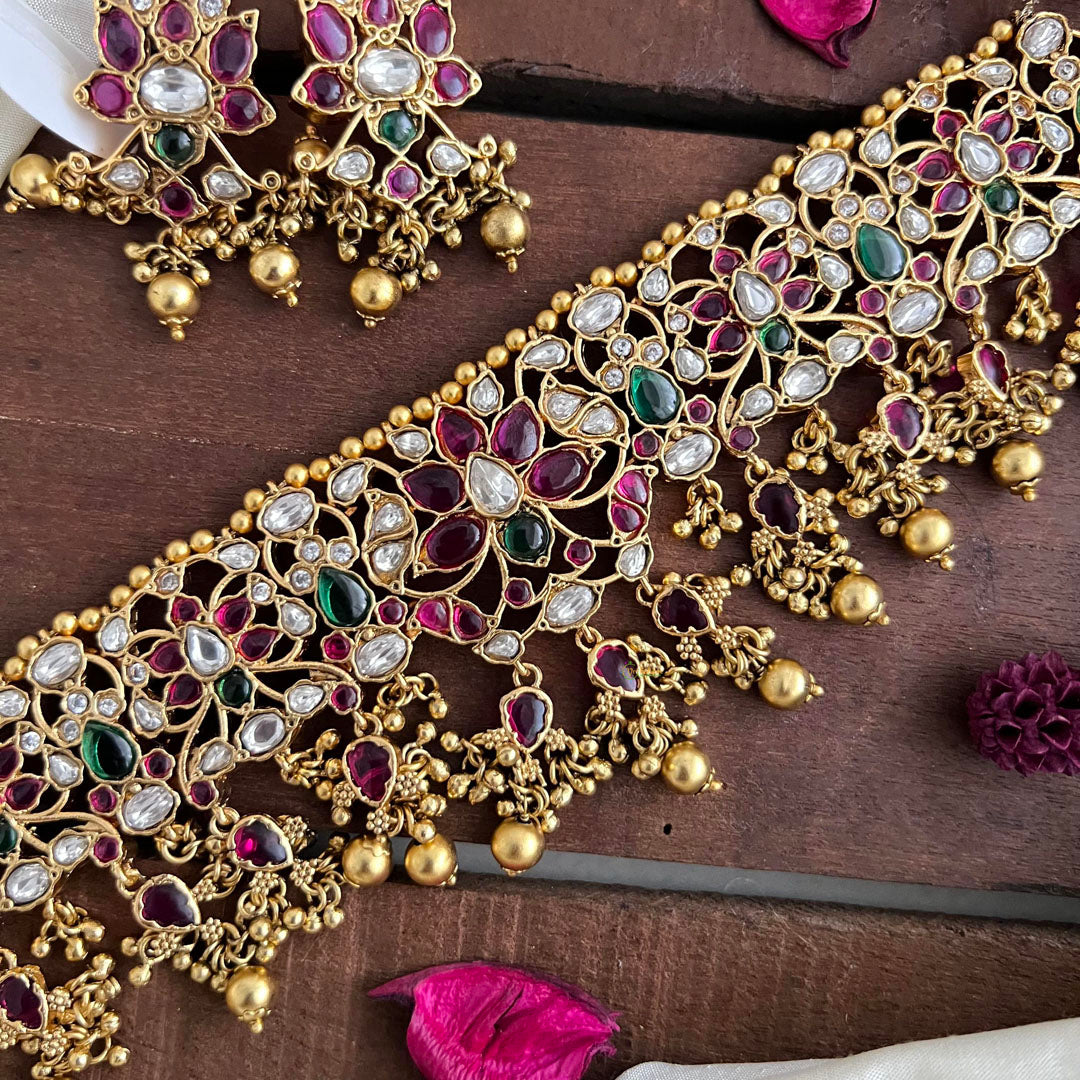 Elegant AD Stone Lotus High Neck Choker-Gold Bead-G14171