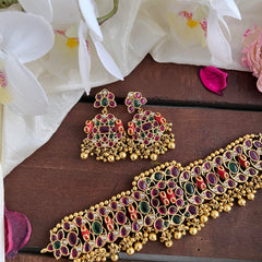 Elegant AD Stone High Neck Choker-Coral-Gold Bead-G14172