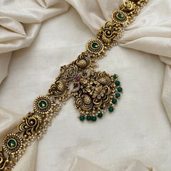 Antique Peacock Chain Lakshmi Pendant Bridal Hip Chain-Green Bead-G13343