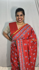 Vriksham Red Cotton Mulmul Saree With Pom Pom Lace-VS4434