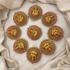 Vriksham Bridal Goddess 7 Segment Lakshmi Antique Temple Jada Bilai-Red Green-Pearls-G21697