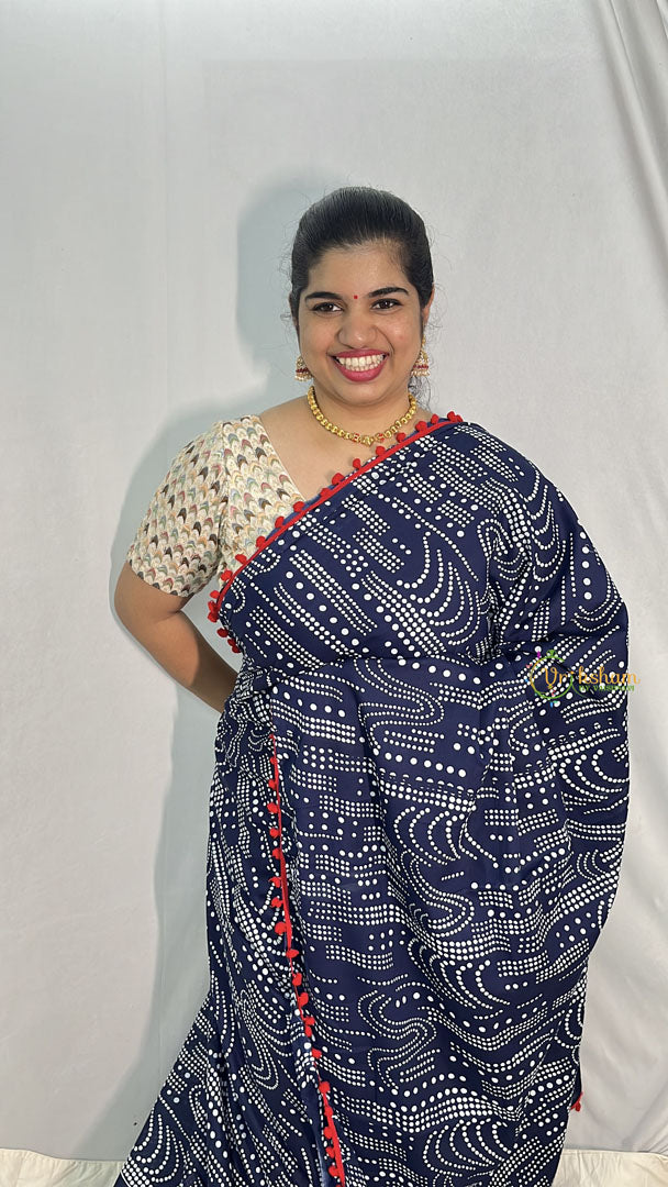 Vriksham Indigo Cotton Mulmul Saree With Pom Pom Lace-VS4424