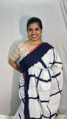 Vriksham White with Dark Blue Cotton Mulmul Saree With Pom Pom Lace-VS4427