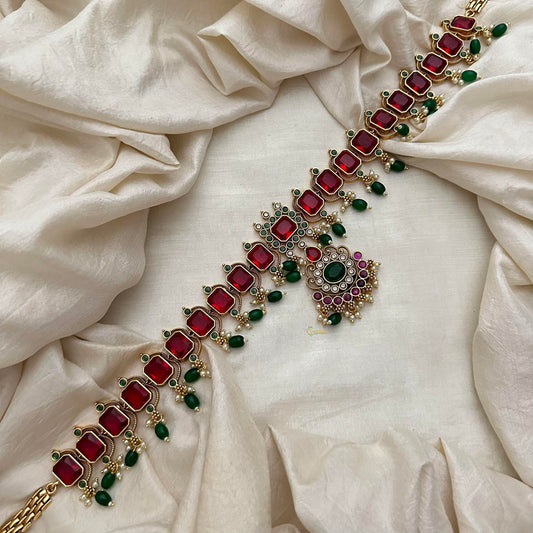 Premium Ruby Red AD Stone Bridal Hip Chain-Green Bead-G13322