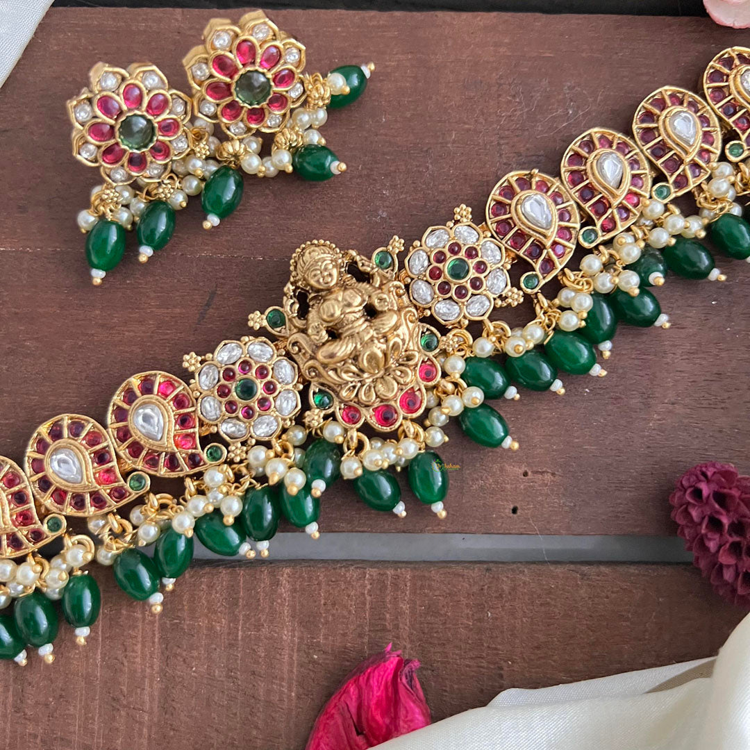 Premium Lakshmi Flower High Neck Choker-Green Bead-Pearl-G14178