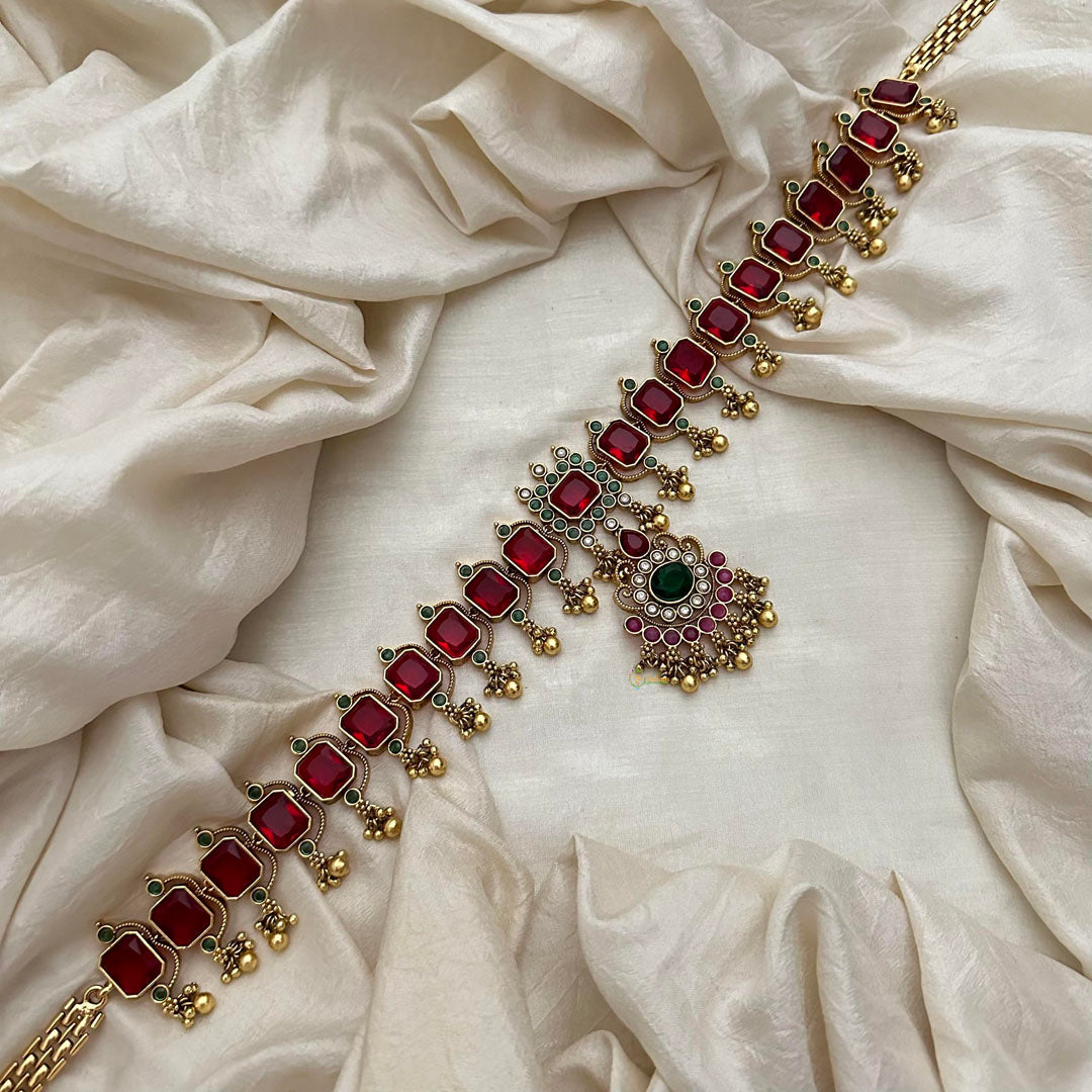 Premium Ruby Red AD Stone Bridal Hip Chain-Golden Bead-G13348