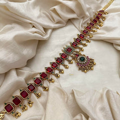 Premium Ruby Red AD Stone Bridal Hip Chain-Golden Bead-G13348