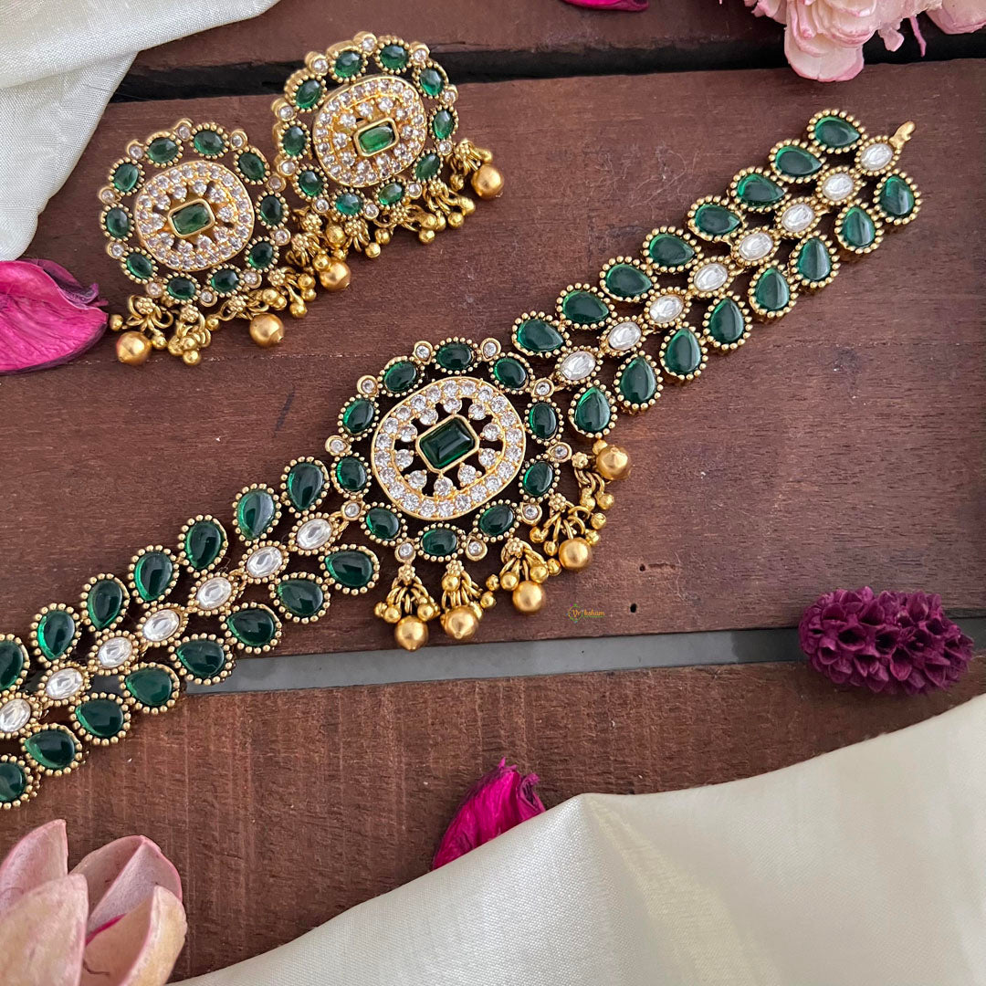 Stylish Green AD Stone High Neck Choker-Gold Bead-G14185
