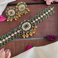 Stylish Green AD Stone High Neck Choker-Gold Bead-G14185