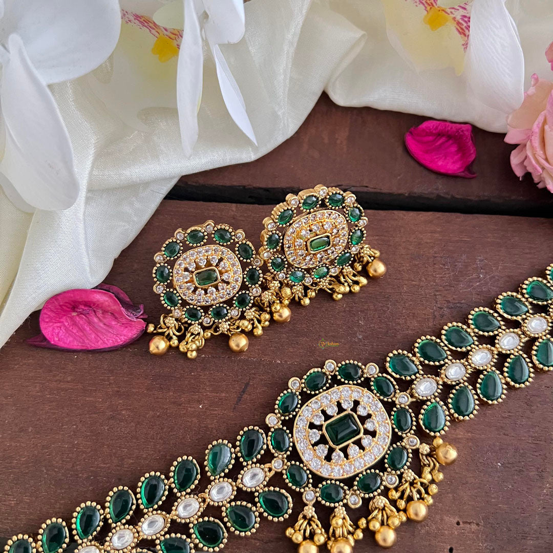 Stylish Green AD Stone High Neck Choker-Gold Bead-G14185