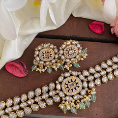 Stylish White AD Stone High Neck Choker-Aqua Green Bead-Pearl-G14187