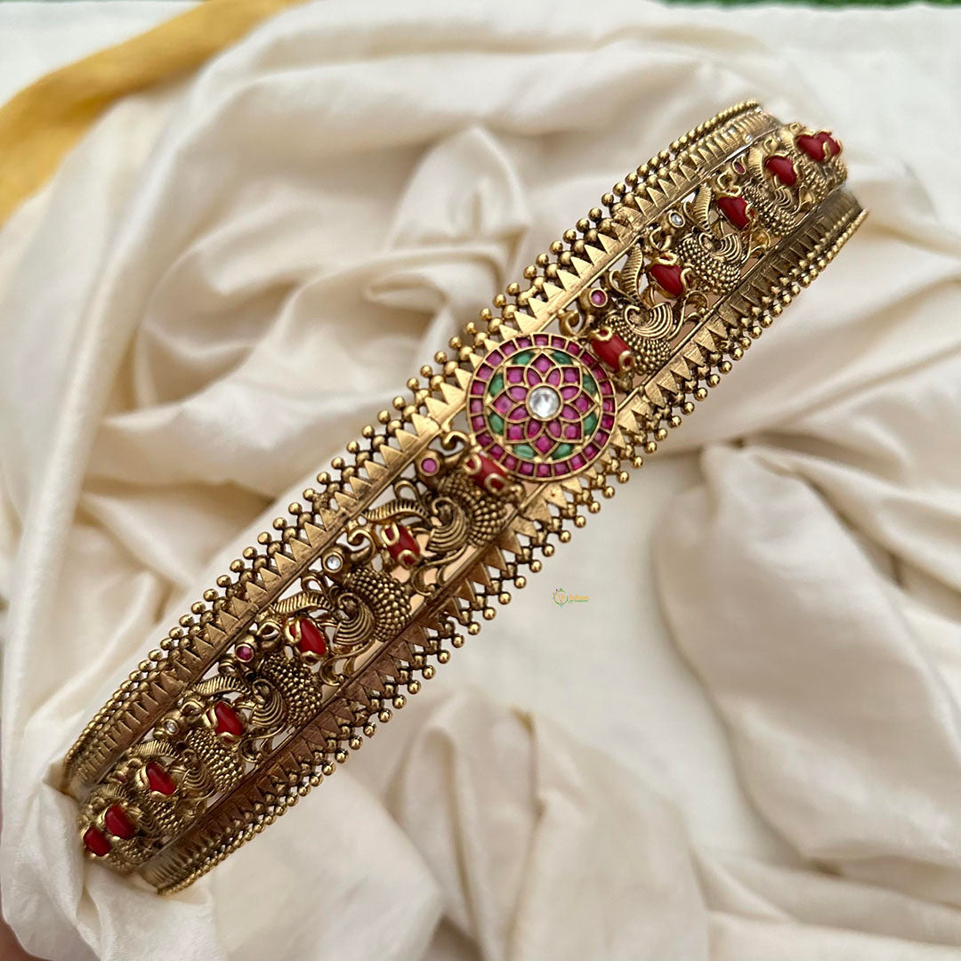 Exquisite Kundan and Kemp Hip Belt-Red Green-Coral-G13354