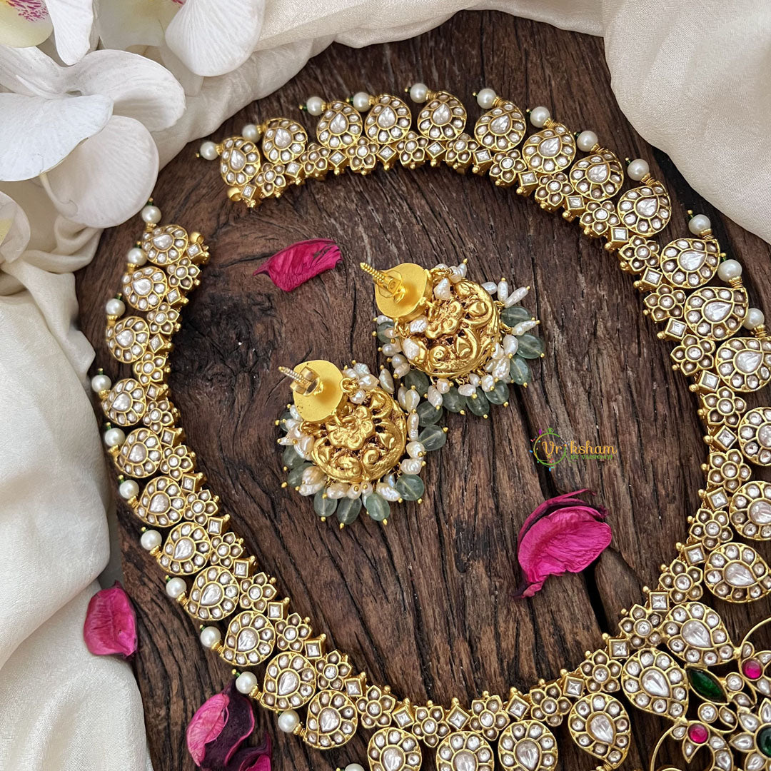 Vriksham Dual Peacock Peandant White Manga Style Jadau Short Neckpiece-Green Bead-Rice Pearl-J3578