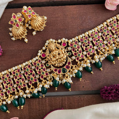 Elegant Gold Alike Lakshmi High Neck Choker-Green Bead-Pearl-G14190