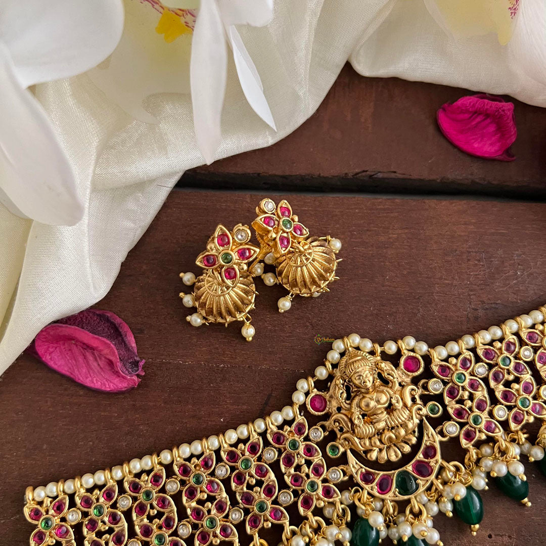Elegant Gold Alike Lakshmi High Neck Choker-Green Bead-Pearl-G14190