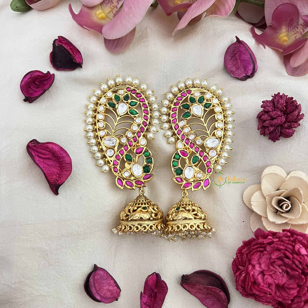 Vriksham Bridal Floral & Peacock Style Jhumka With Pearls Deatling EarCuff- White Red & Green-G21111