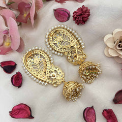 Vriksham Bridal Floral & Peacock Style Jhumka With Pearls Deatling EarCuff- White Red & Green-G21111