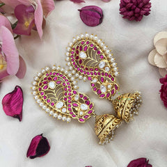 Vriksham Bridal Floral & Peacock Style Jhumka With Pearls Deatling EarCuff- White Red -G21112