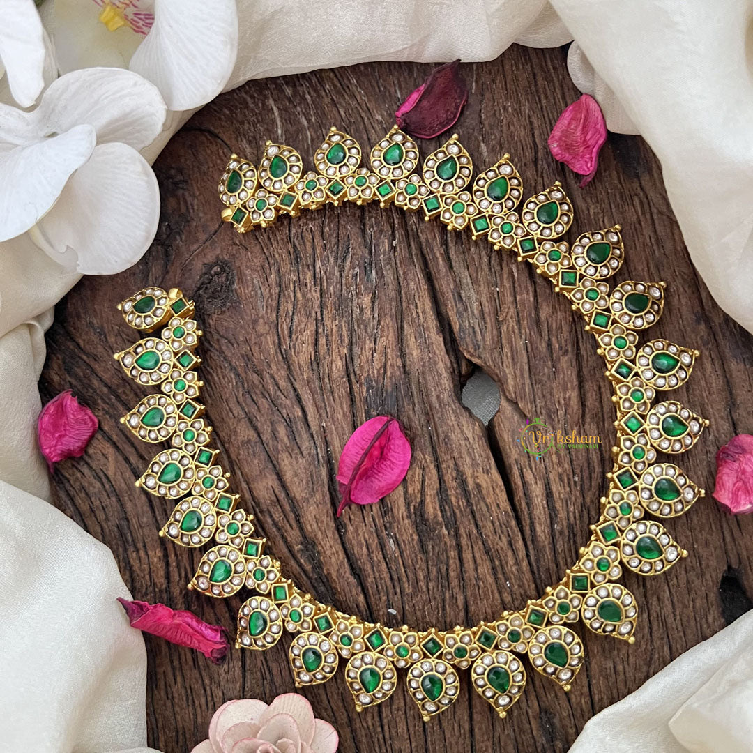 Vriksham Elegant Manga Style Jadau Short Neckpiece-Green White-J3579