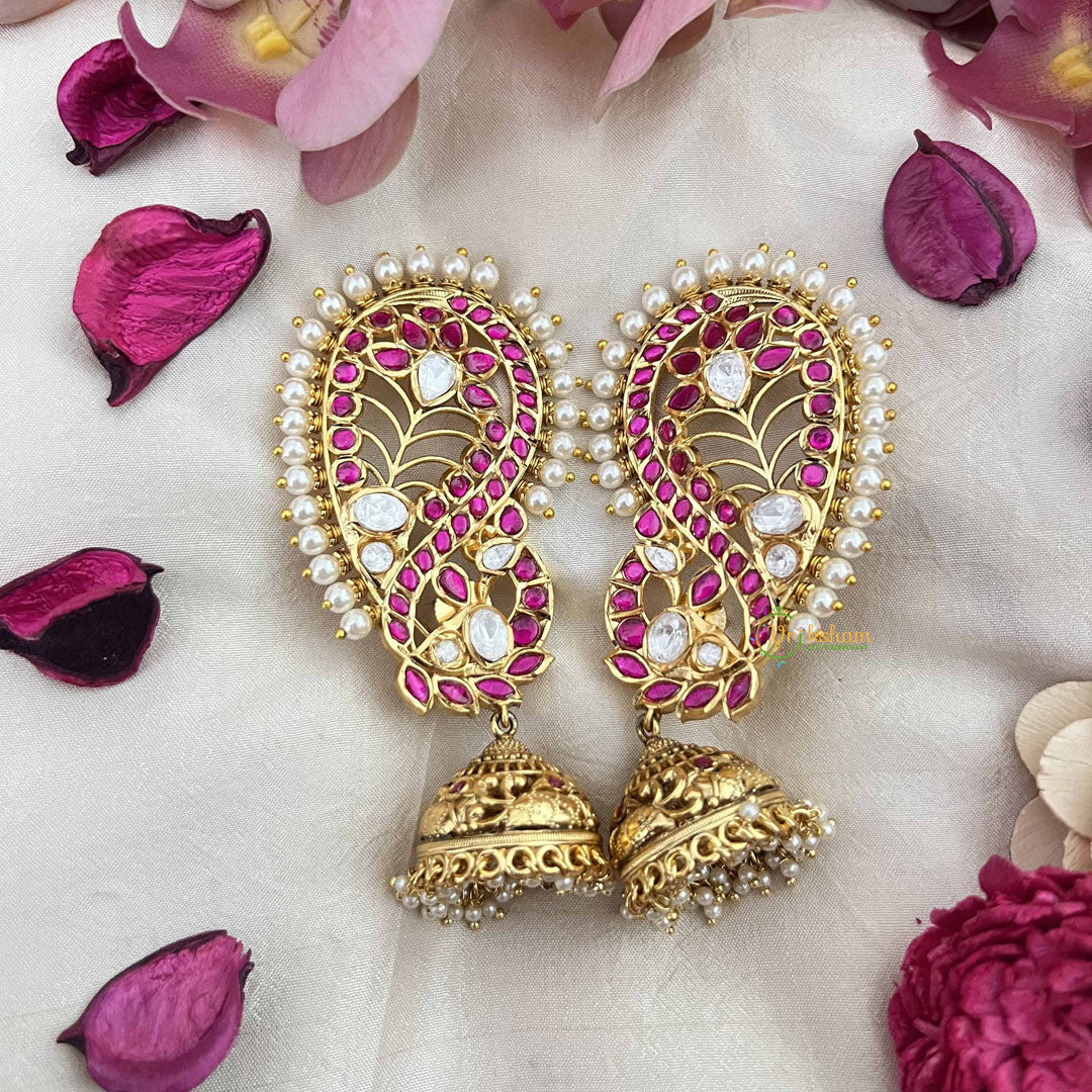 Vriksham Bridal Floral & Peacock Style Jhumka With Pearls Deatling EarCuff- White Red -G21112