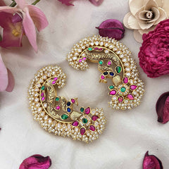 Vriksham Bridal Look Floral Style Peacockl With Pearls Deataling EarCuff-Green Red  & White-G21106
