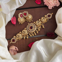 Stylish Peacock High Neck Choker-Gold Bead-Red-G14194