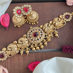 Stylish Peacock High Neck Choker-Gold Bead-Red-G14194