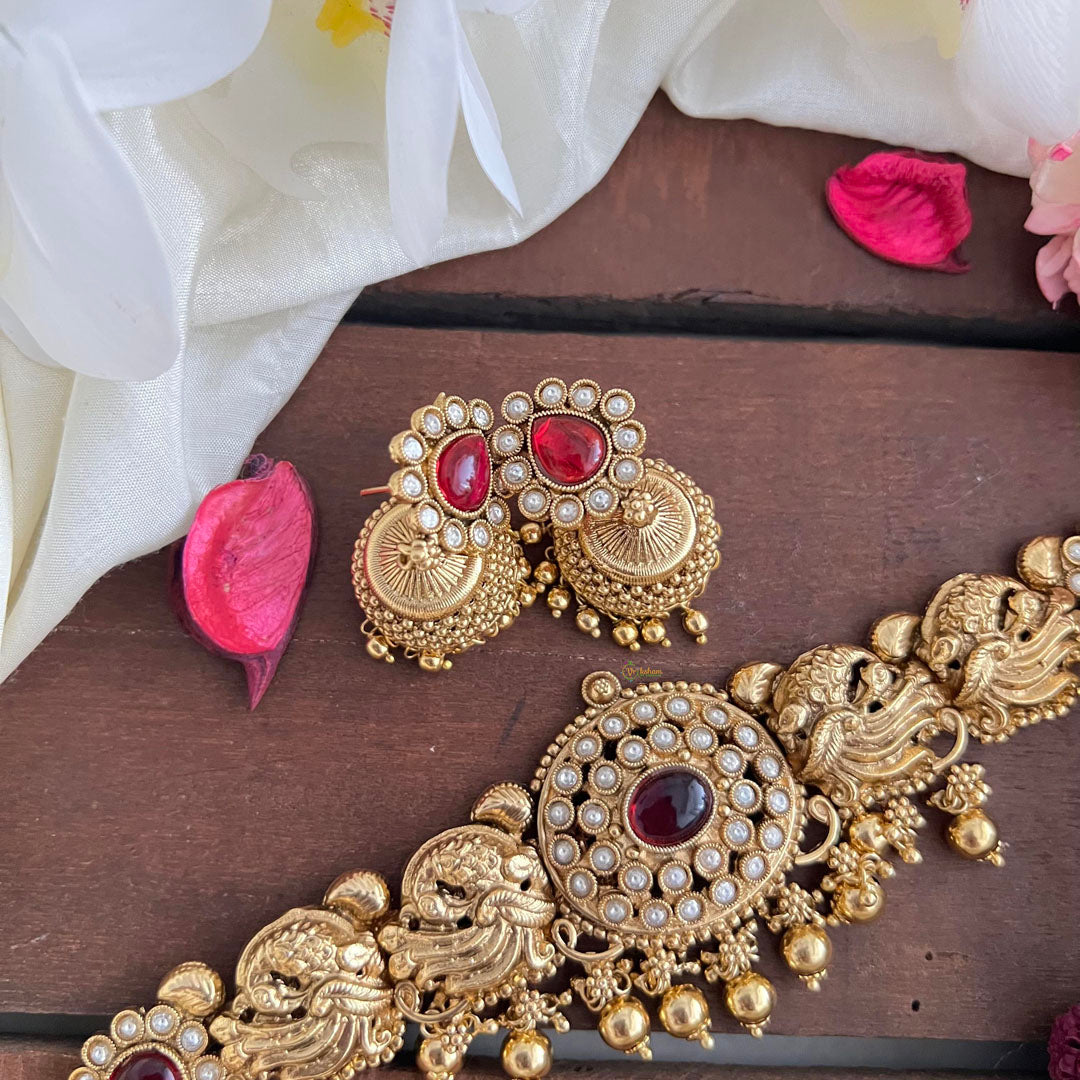 Stylish Peacock High Neck Choker-Gold Bead-Red-G14194