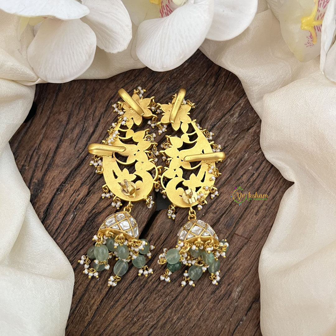 Vriksham Traditional Kundan Jhumka with Built‑in Ear Cuff & Green Beads-J3583