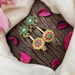 Vriksham Elegant Floral Jadau Kundan Stud With Ear cuff-Red Green-Green Beads-Pearls-J3939