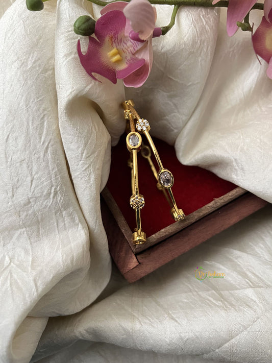 Premium Gold Toned Floral Diamond Bangle Set - White - G11857