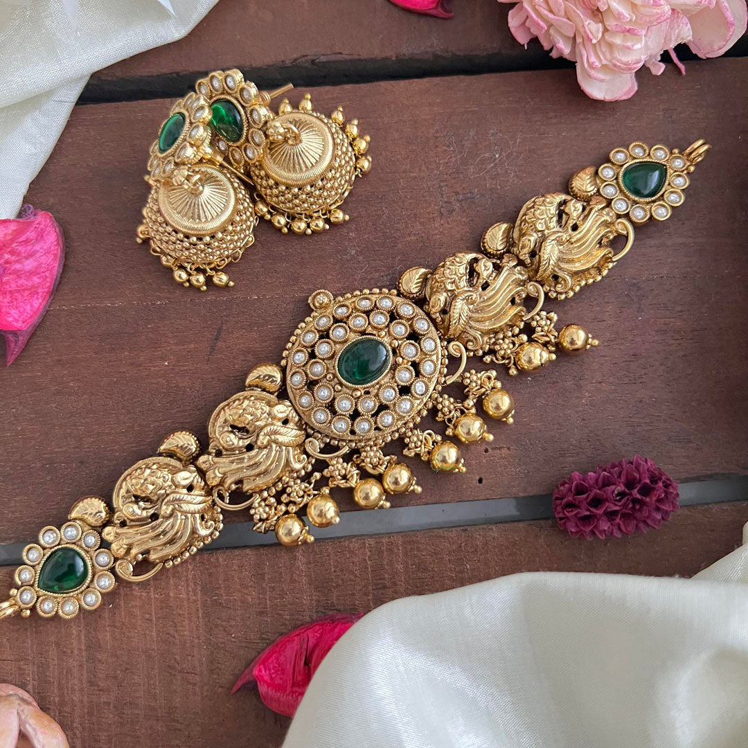Stylish Peacock High Neck Choker-Gold Bead-Green-G14195