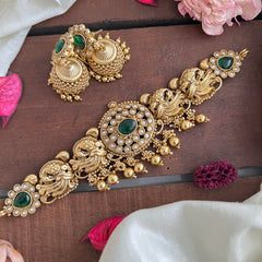 Stylish Peacock High Neck Choker-Gold Bead-Green-G14195
