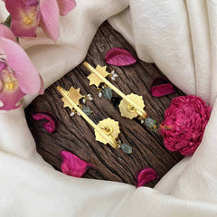 Vriksham Elegant Floral Jadau Kundan Stud With Ear cuff-Red Green-Green Beads-Pearls-J3939