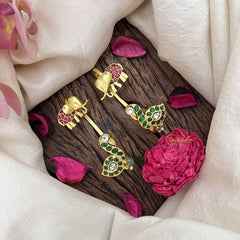 Vriksham Elephant With  Peacock Jadau Kundan Stud With Ear cuff-Red Green-Pearls-J3940