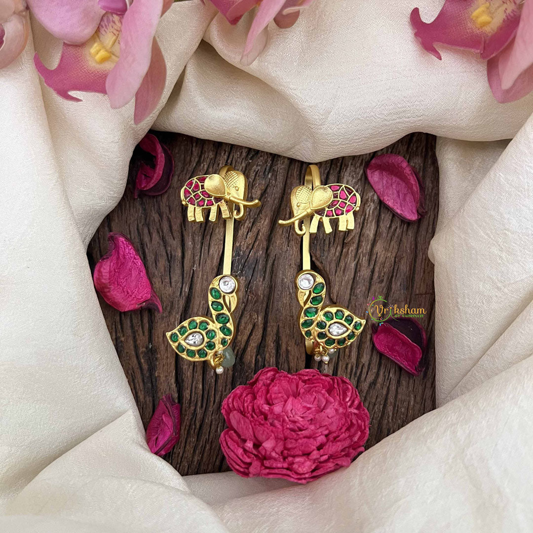 Vriksham Elephant With  Peacock Jadau Kundan Stud With Ear cuff-Red Green-Pearls-J3940