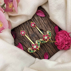 Vriksham Floral With  Peacock Jadau Kundan Stud With Ear cuff-Red Green & White-J3941