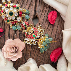 Vriksham Double Pendant Chandbali Style Kundan Jadau Jad Billai-Red Green & White-Green Bead-Pearls J4192