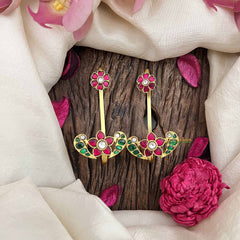 Vriksham Floral With  Peacock Jadau Kundan Stud With Ear cuff-Red Green & White-J3941