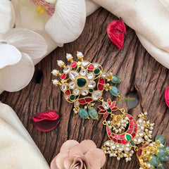 Vriksham Double Pendant Chandbali Style Kundan Jadau Jad Billai-Red Green & White-Green Bead-Pearls J4192