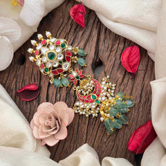 Vriksham Double Pendant Chandbali Style Kundan Jadau Jad Billai-Red Green & White-Green Bead-Pearls J4192