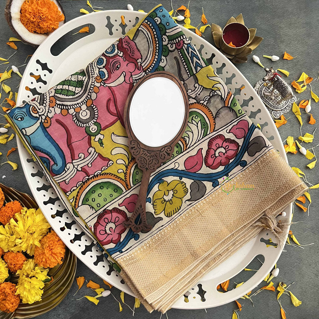 Vriksham Handprinted Elephant Bengaluru Style With Golden Zari Border Pen Kalamkari Saree-VS4799