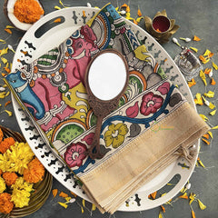 Vriksham Handprinted Elephant Bengaluru Style With Golden Zari Border Pen Kalamkari Saree-VS4799
