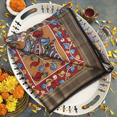 Vriksham Green Pichhwai Art Hand Printed With Black Zari Border Pen Kalamkari Saree-VS4797