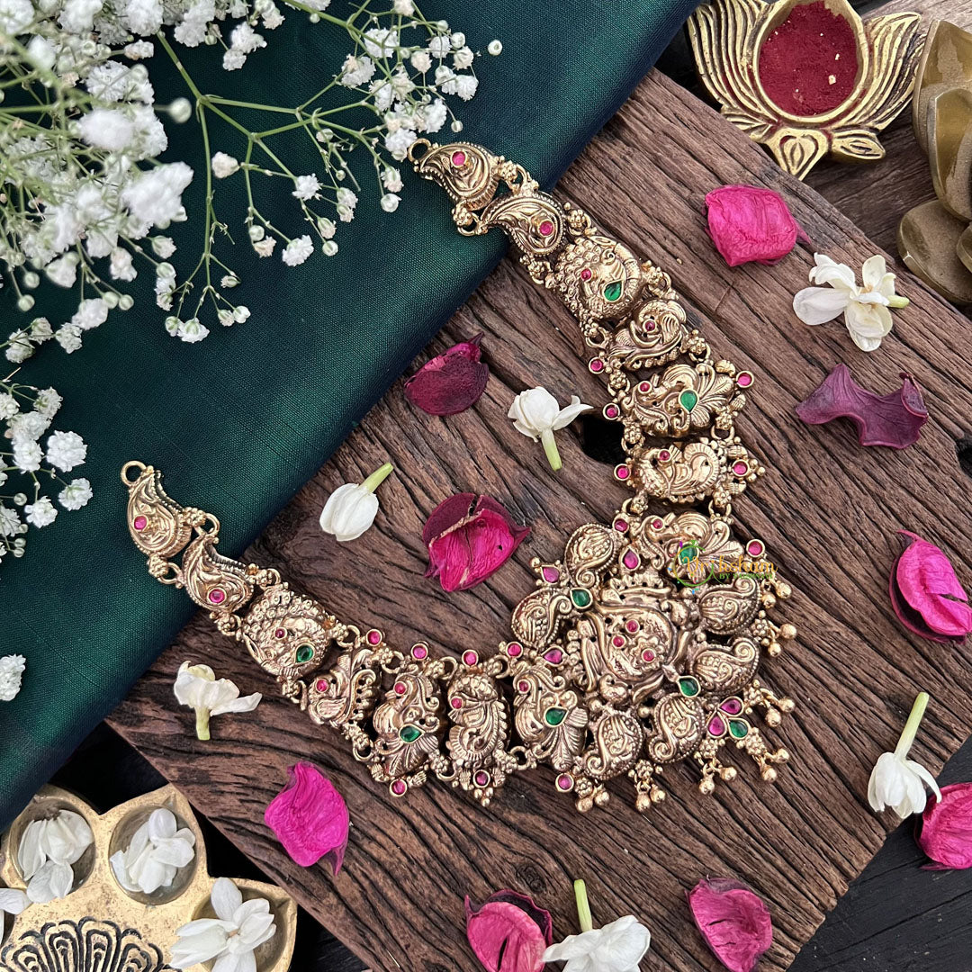 Vriksham Antique Peacock 1 gm gold Short Neckpiece-Red Green-G17058