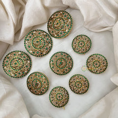 Vriksham Designer Jadau Jada Billa Set in Green and White Stones -Set Of 9-J3576