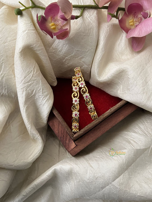 Premium Gold Alike Antique Flower Diamond Bangle Set - White & Pink - G11871