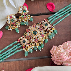 Stylish Layered AD Stone High Neck Choker-Aqua Green Bead-G14205